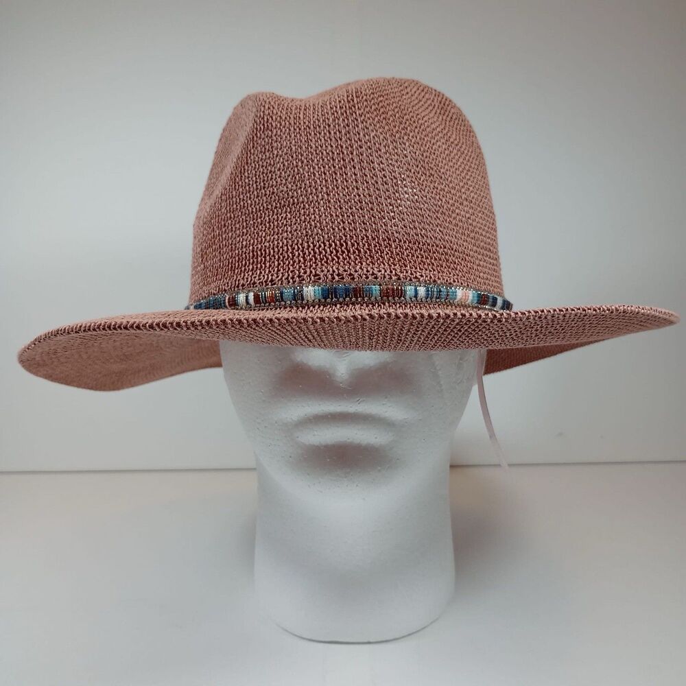 Wonderly Womens Pink Paper Straw Sun Hat Wide Brim Beaded Band NWT One Size